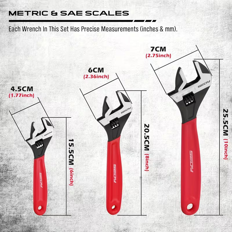 SEDY 3pcs Adjustable Wrench Set Pipe Spanner: 6" 8" 10"